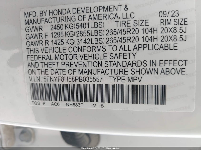 2023 Honda Passport Awd Ex-L VIN: 5FNYF8H58PB035557 Lot: 44403477