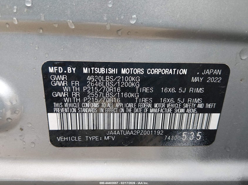 2023 Mitsubishi Eclipse Cross Es S-Awc VIN: JA4ATUAA2PZ001192 Lot: 44403557