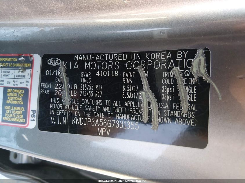 2016 Kia Soul + VIN: KNDJP3A56G7331355 Lot: 44403561