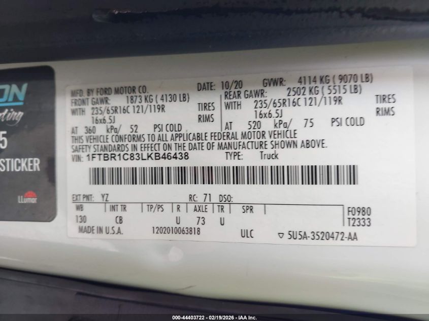 2020 Ford Transit-250 Cargo Van VIN: 1FTBR1C83LKB46438 Lot: 44403722