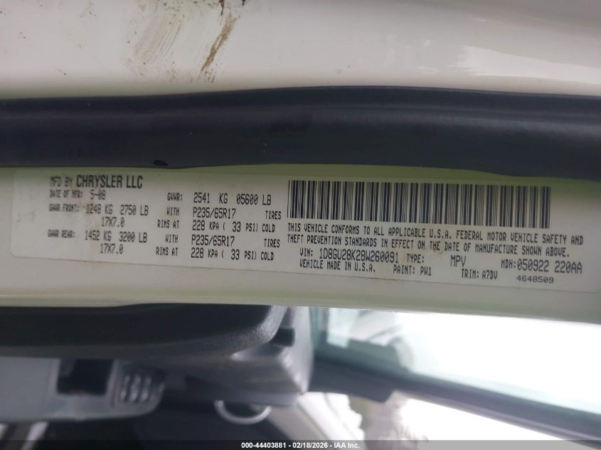 2008 Dodge Nitro Sxt VIN: 1D8GU28K28W260091 Lot: 44403881