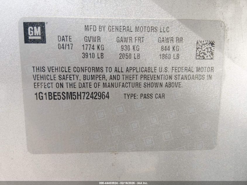 2017 Chevrolet Cruze Lt Auto VIN: 1G1BE5SM5H7242964 Lot: 44403924