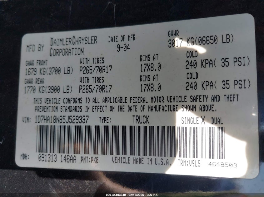 2005 Dodge Ram 1500 Slt/Laramie VIN: 1D7HA18N85J529337 Lot: 44403940