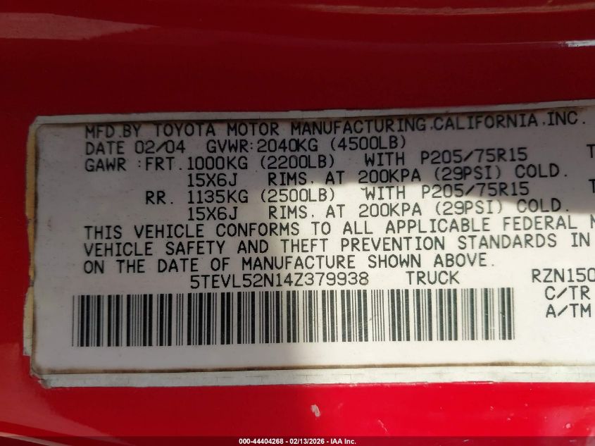 2004 Toyota Tacoma VIN: 5TEVL52N14Z379938 Lot: 44404268