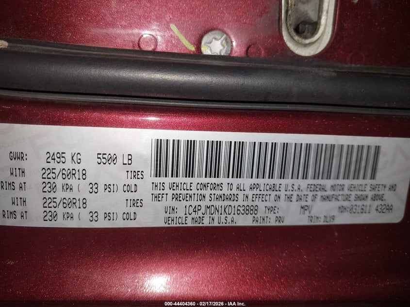 2019 Jeep Cherokee Limited 4X4 VIN: 1C4PJMDN1KD163888 Lot: 44404360