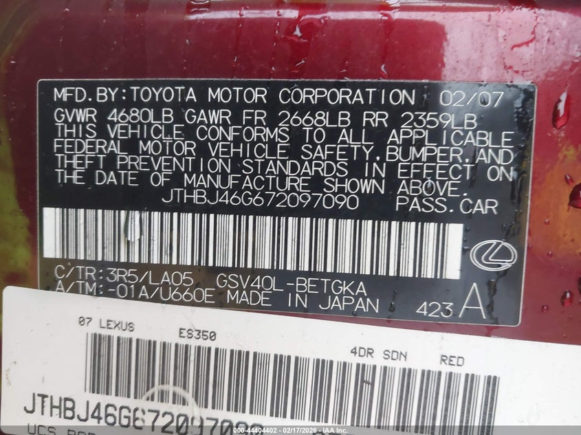 2007 Lexus Es 350 VIN: JTHBJ46G672097090 Lot: 44404402