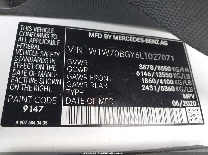 2020 Mercedes-Benz Sprinter 1500 Standard Roof I4 VIN: W1W70BGY6LT027071 Lot: 44404527