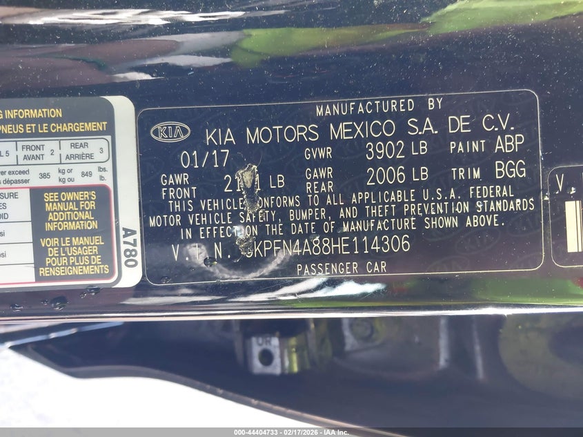 2017 Kia Forte Ex VIN: 3KPFN4A88HE114306 Lot: 44404733