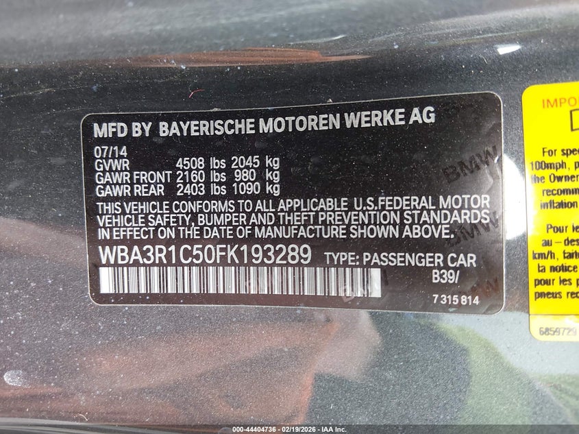 2015 BMW 435I VIN: WBA3R1C50FK193289 Lot: 44404736