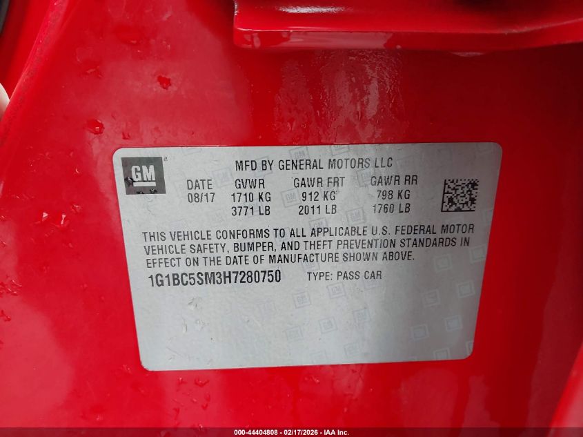 2017 Chevrolet Cruze Ls Auto VIN: 1G1BC5SM3H7280750 Lot: 44404808