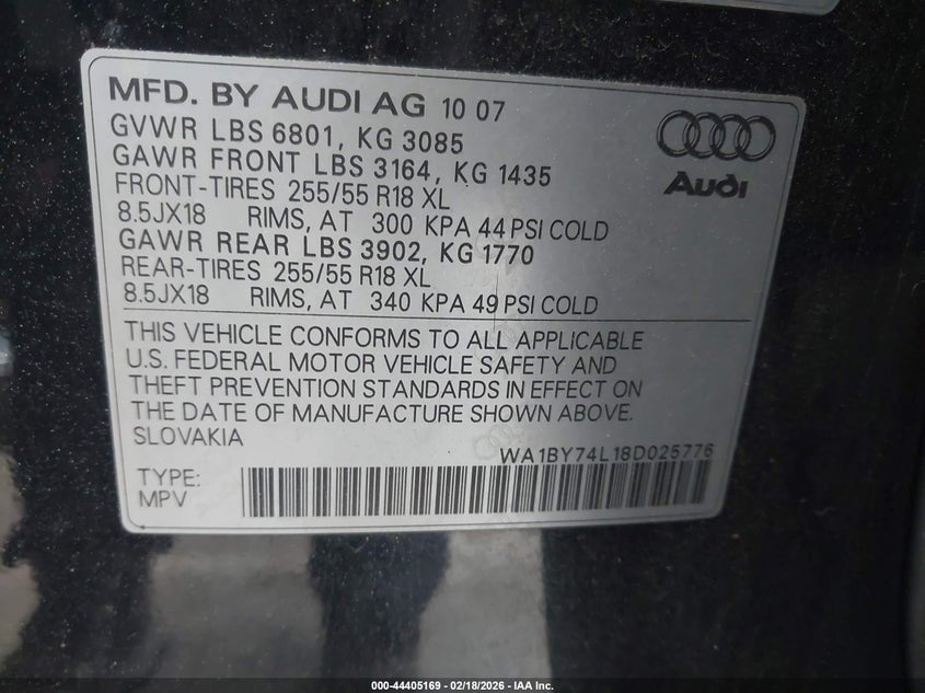 2008 Audi Q7 3.6 Premium VIN: WA1BY74L18D025776 Lot: 44405169
