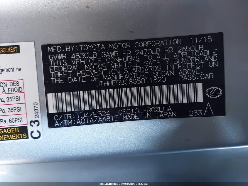 2016 Lexus Rc 350 VIN: JTHHE5BC8G5011820 Lot: 44405342