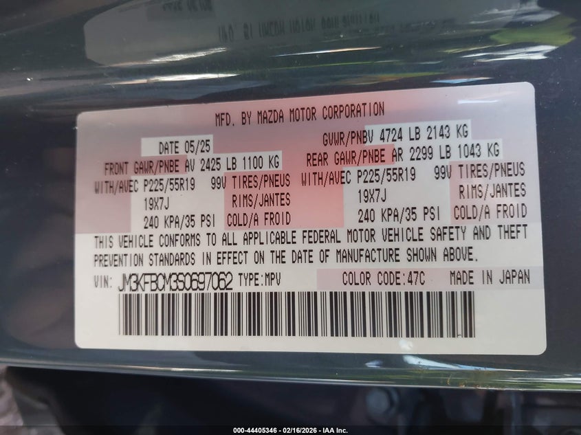 2025 MAZDA CX-5 2.5L I-4 DI, DOHC, V(VIN: JM3KFBCM3S0697062