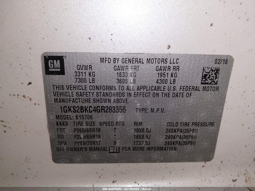 2016 GMC Yukon Slt VIN: 1GKS2BKC4GR283356 Lot: 44405393