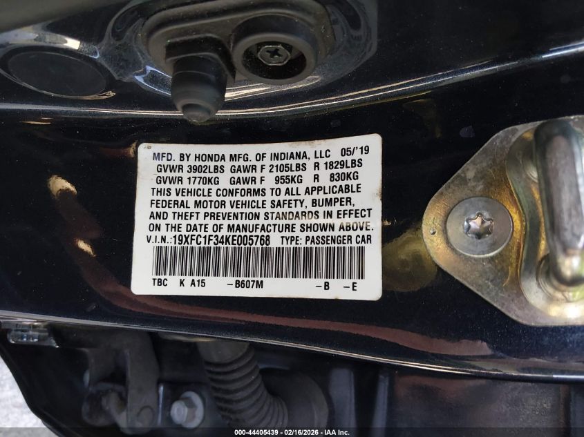 2019 Honda Civic Ex VIN: 19XFC1F34KE005768 Lot: 44405439