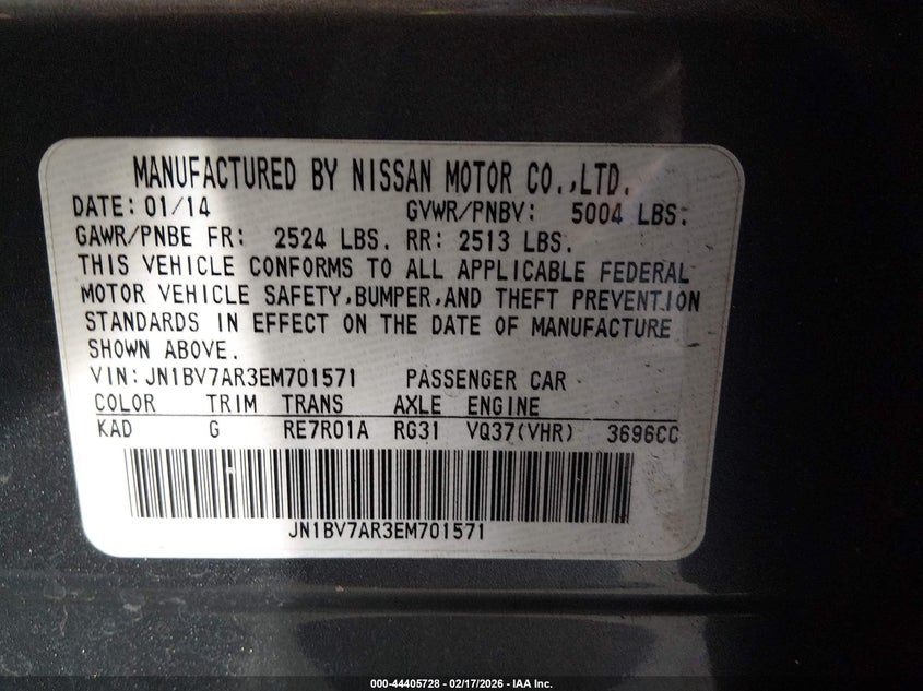 2014 Infiniti Q50 Premium VIN: JN1BV7AR3EM701571 Lot: 44405728