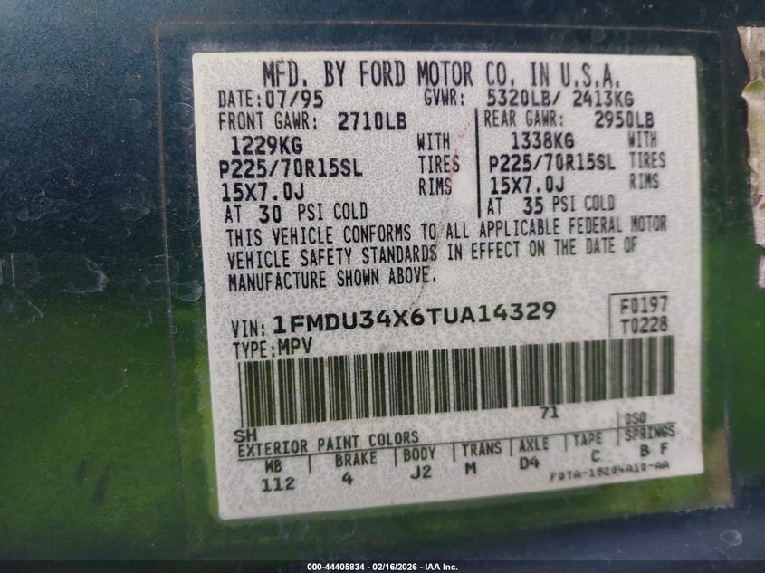 1996 FORD EXPLORER SPORT UTILITY VEHICLE 4.0L V6 FI F