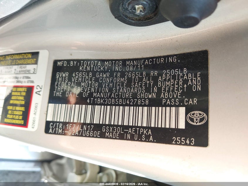 2011 Toyota Avalon Limited VIN: 4T1BK3DB5BU427858 Lot: 44405939