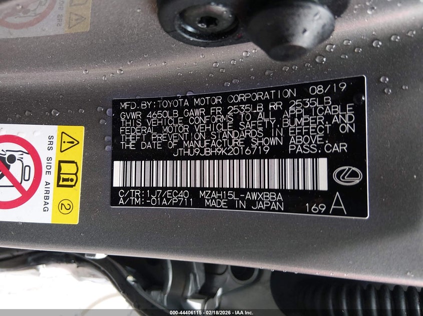 2019 Lexus Ux 250H Luxury VIN: JTHU9JBH9K2016719 Lot: 44406115