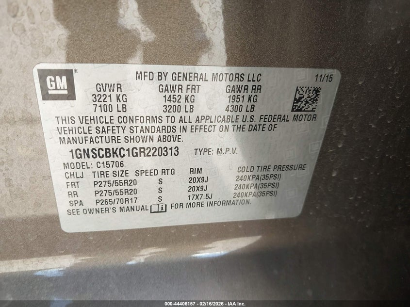 2016 Chevrolet Tahoe Lt VIN: 1GNSCBKC1GR220313 Lot: 44406157