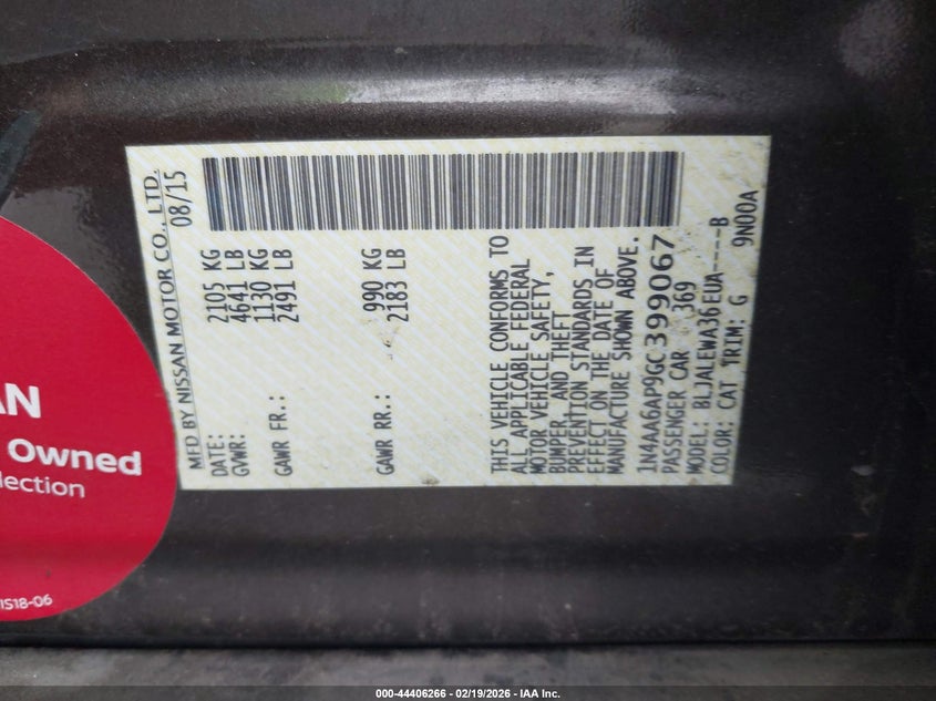 2016 Nissan Maxima 3.5 Sl VIN: 1N4AA6AP9GC399067 Lot: 44406266