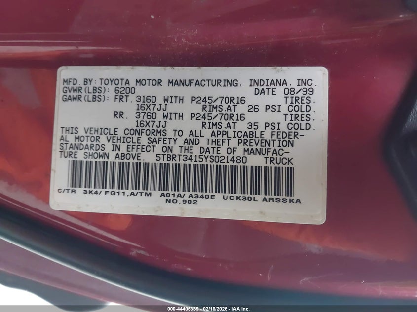 2000 Toyota Tundra Sr5 V8 VIN: 5TBRT3415YS021480 Lot: 44406339
