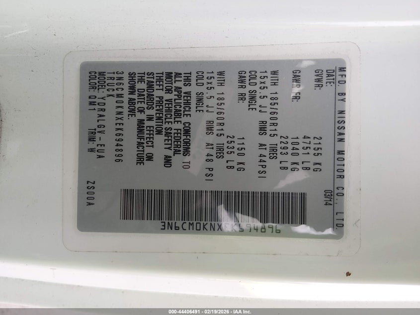 2014 Nissan Nv200 Sv VIN: 3N6CM0KNXEK694896 Lot: 44406491