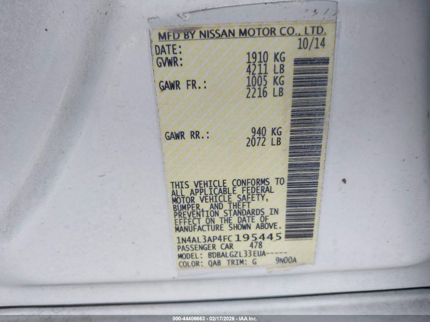 2015 Nissan Altima 2.5/2.5 S/2.5 Sl/2.5 Sv VIN: 1N4AL3AP4FC195445 Lot: 44406663