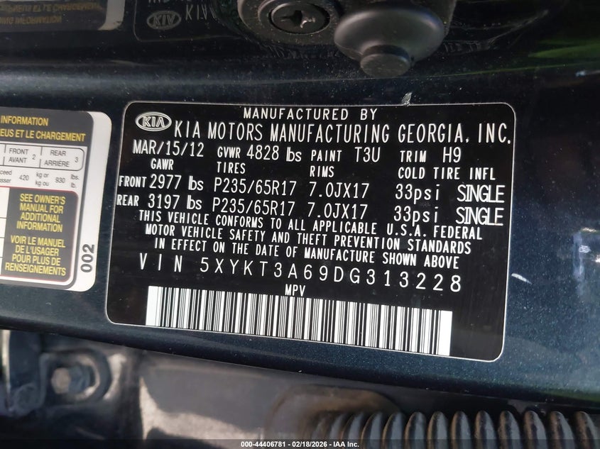 2013 Kia Sorento Lx VIN: 5XYKT3A69DG313228 Lot: 44406781