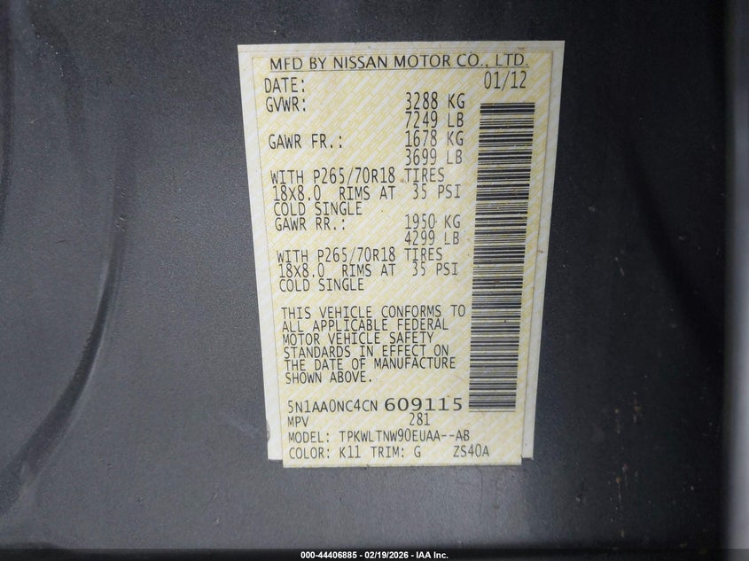 2012 Nissan Armada Sv VIN: 5N1AA0NC4CN609115 Lot: 44406885