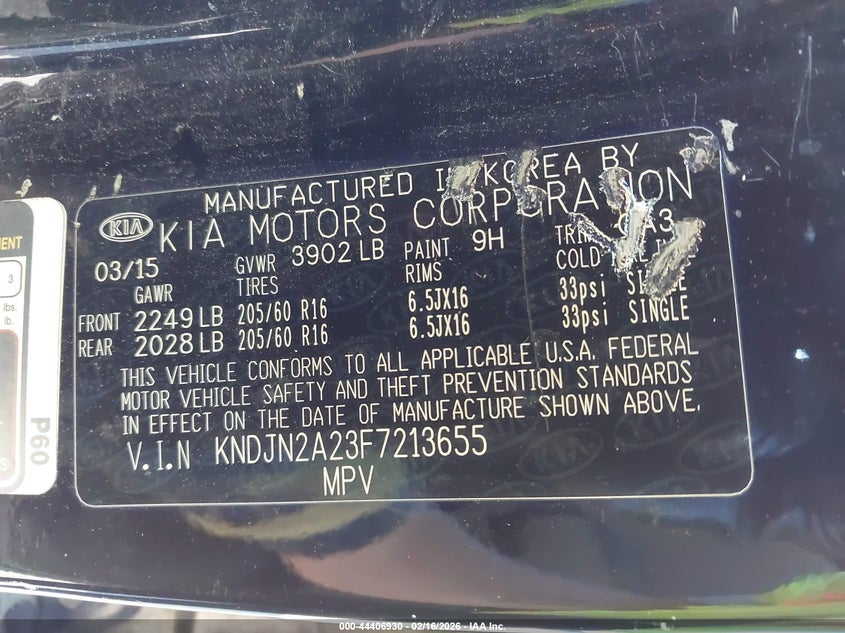 2015 Kia Soul VIN: KNDJN2A23F7213655 Lot: 44406930