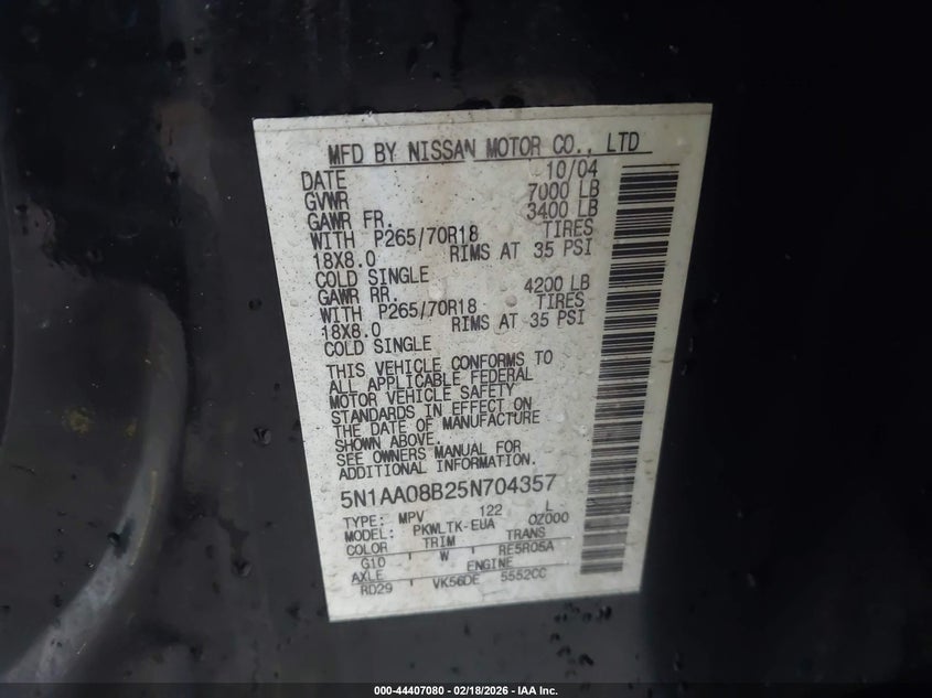 2005 Nissan Armada Se VIN: 5N1AA08B25N704357 Lot: 44407080