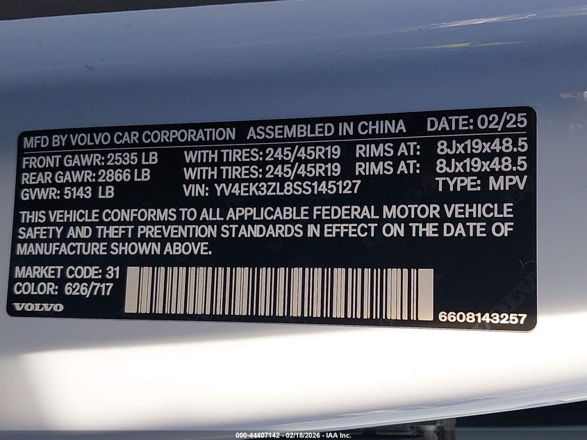 2025 Volvo Ex30 Ultra Twin Motor Performance, Fully Electric VIN: YV4EK3ZL8SS145127 Lot: 44407142