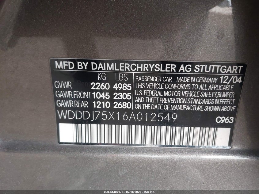 2006 Mercedes-Benz Cls 500 VIN: WDDDJ75X16A012549 Lot: 44407178