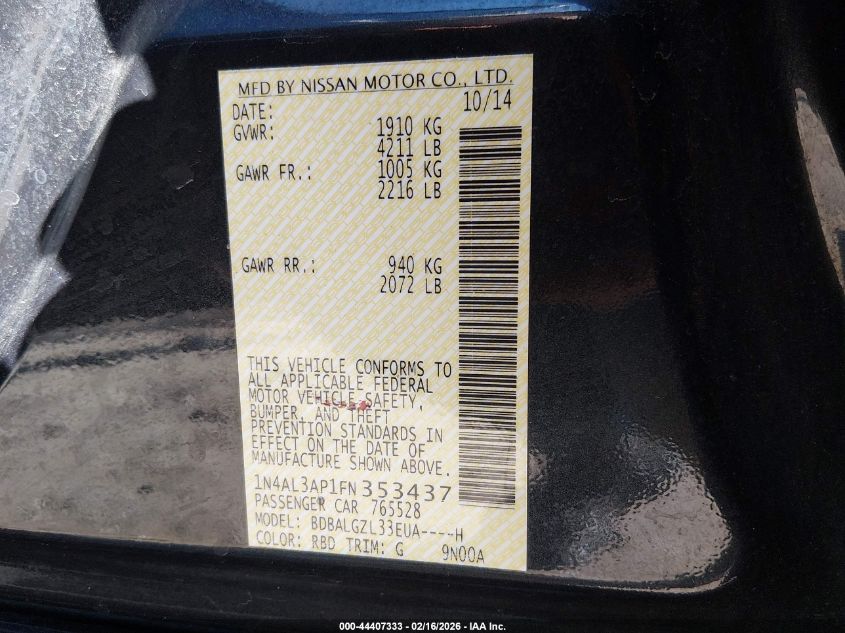 2015 Nissan Altima 2.5 S VIN: 1N4AL3AP1FN353437 Lot: 44407333