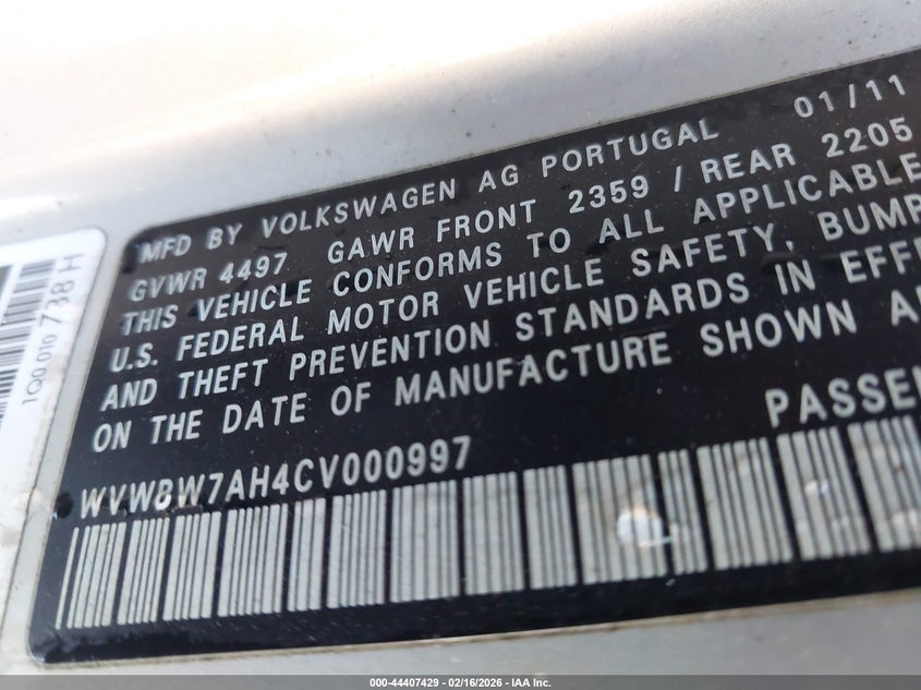 2012 Volkswagen Eos Komfort VIN: WVWBW7AH4CV000997 Lot: 44407429