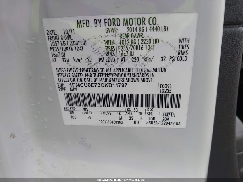 2012 Ford Escape 2.5 Limited white Lot 111044407488 Vin 1FMCU0E73CKB11797
