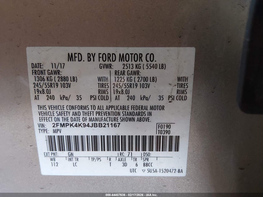 VIN 2FMPK4K94JBB21167 2018 FORD EDGE TITANIUM