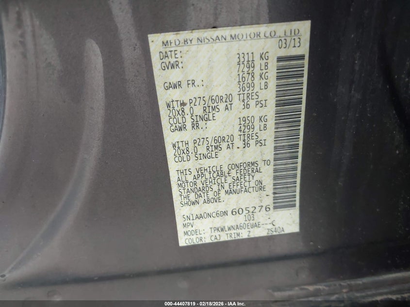 2013 Nissan Armada Platinum VIN: 5N1AA0NC6DN605276 Lot: 44407819