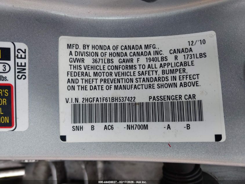 2011 Honda Civic Lx-S VIN: 2HGFA1F61BH537422 Lot: 44408027