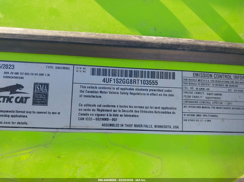 2024 Arctic Cat Zr 600 VIN: 4UF1S2GG8RT103555 Lot: 44408085