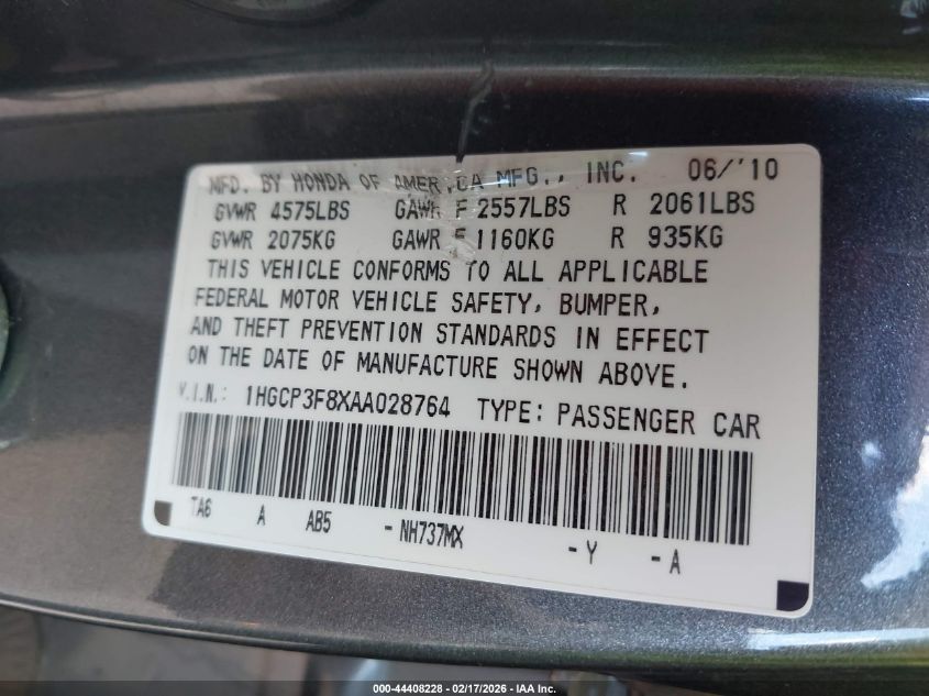 2010 Honda Accord 3.5 Ex-L VIN: 1HGCP3F8XAA028764 Lot: 44408228