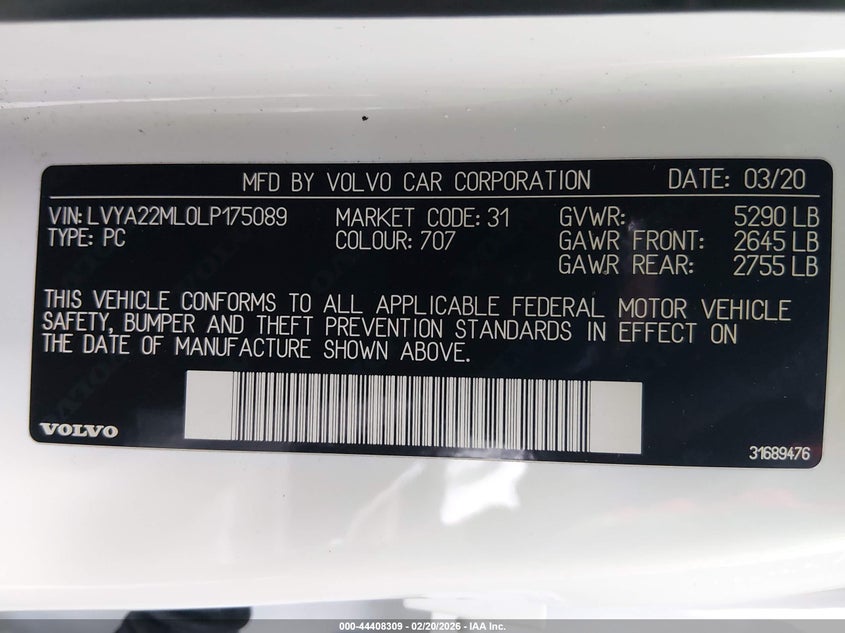 2020 Volvo S90 T6 Inscription VIN: LVYA22ML0LP175089 Lot: 44408309