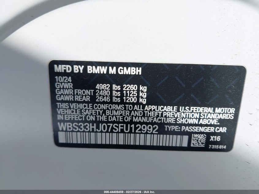 2025 BMW M3 Competition xDrive VIN: WBS33HJ07SFU12992 Lot: 44408459