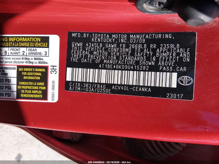 2009 Toyota Camry Le VIN: 4T1BE46K09U415282 Lot: 44408542