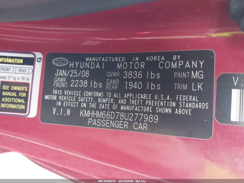 2008 Hyundai Tiburon Gs VIN: KMHHM66D78U277989 Lot: 44408707