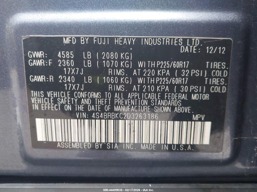 2013 Subaru Outback 2.5I Limited VIN: 4S4BRBKC2D3263186 Lot: 44409035