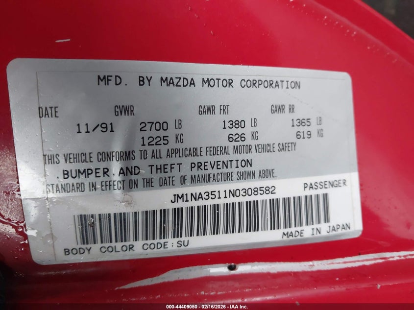 1992 Mazda Mx-5 Miata VIN: JM1NA3511N0308582 Lot: 44409050