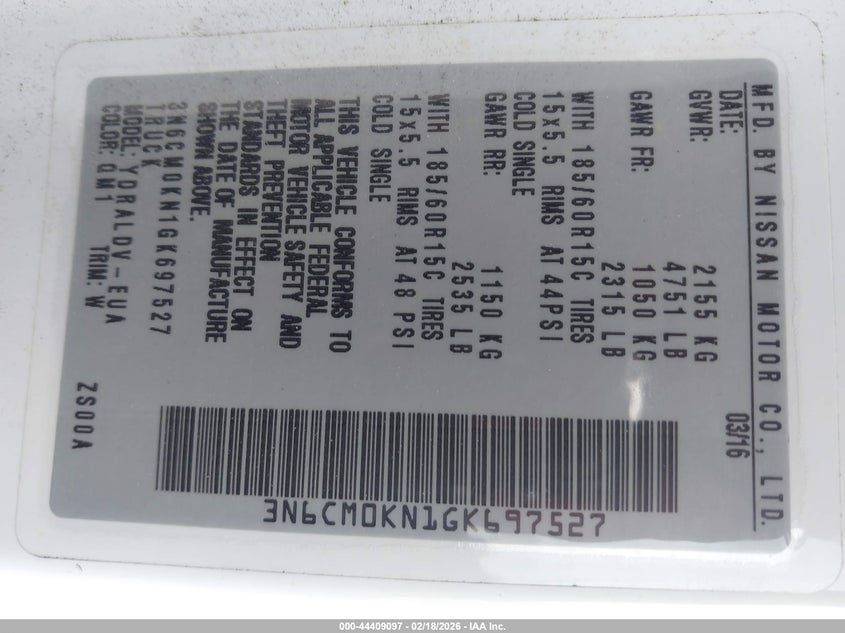 2016 Nissan Nv200 S VIN: 3N6CM0KN1GK697527 Lot: 44409097