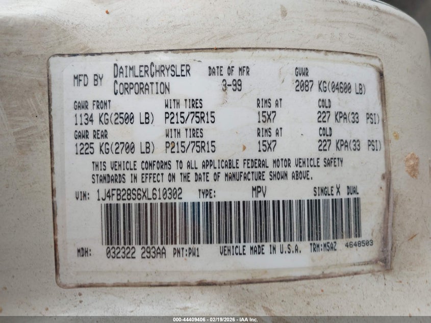 1999 Jeep Cherokee Rhd Rural Letter Carrier VIN: 1J4FB28S6XL610302 Lot: 44409406